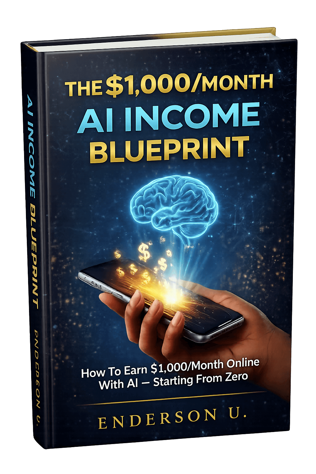 The $1,000/Month AI Income Blueprint — 3D softcover book mockup